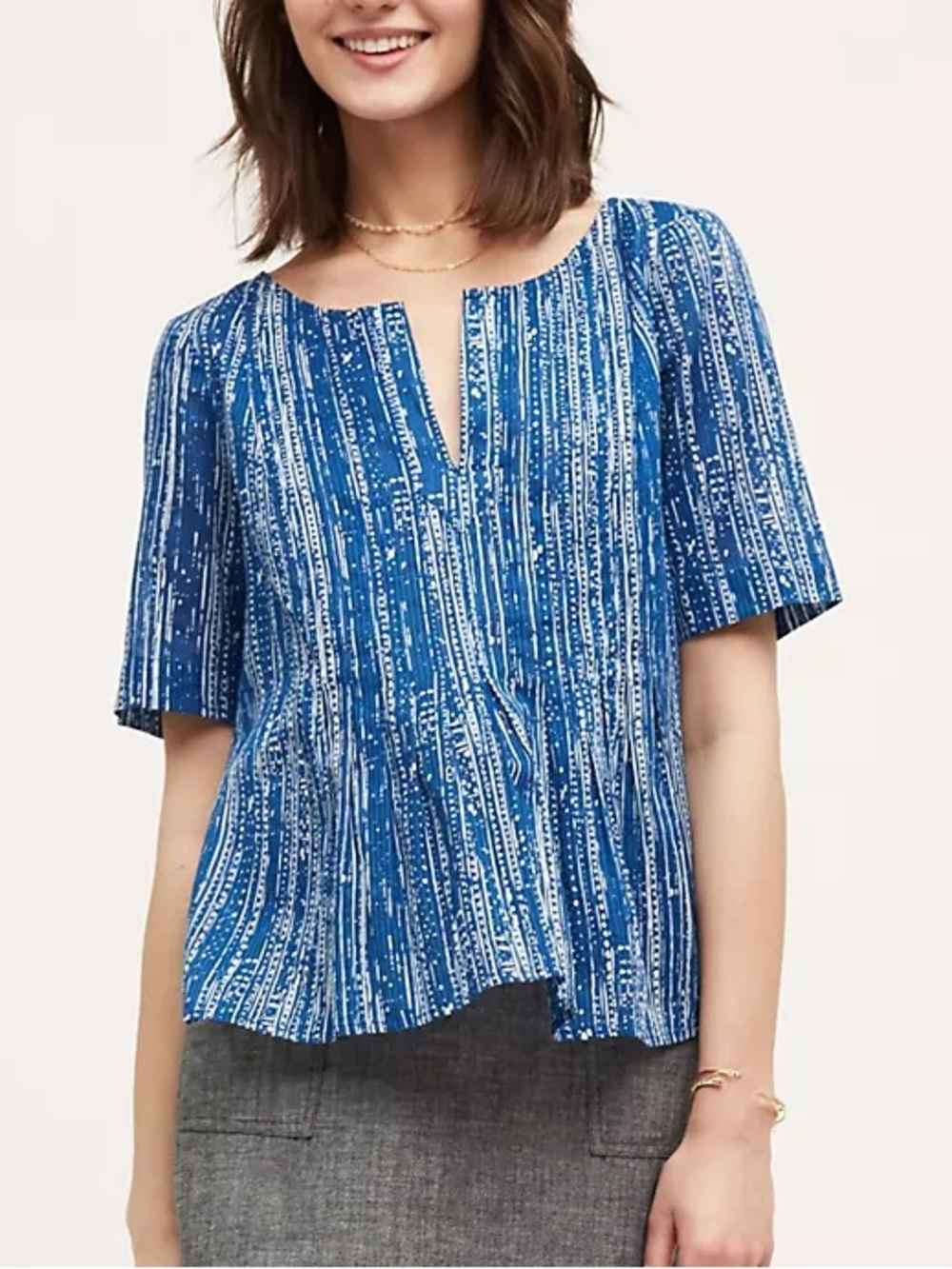 Anthropologie Maeve Blue Motif Pintuck Blouse Size 8 Boho‎ Babydoll Cotton Top